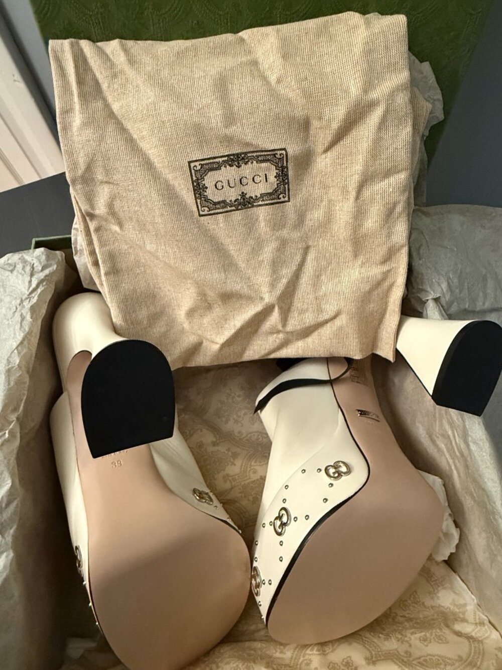 Gucci Mystic White Platform Slide Mules w/ Studs & Interlocking G - Size 9 - Picture 5 of 6